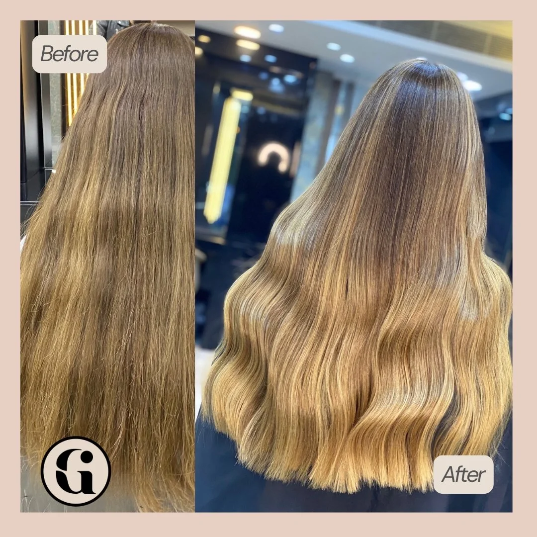Beige blonde highlights hair colour transformation in JVC Dubai