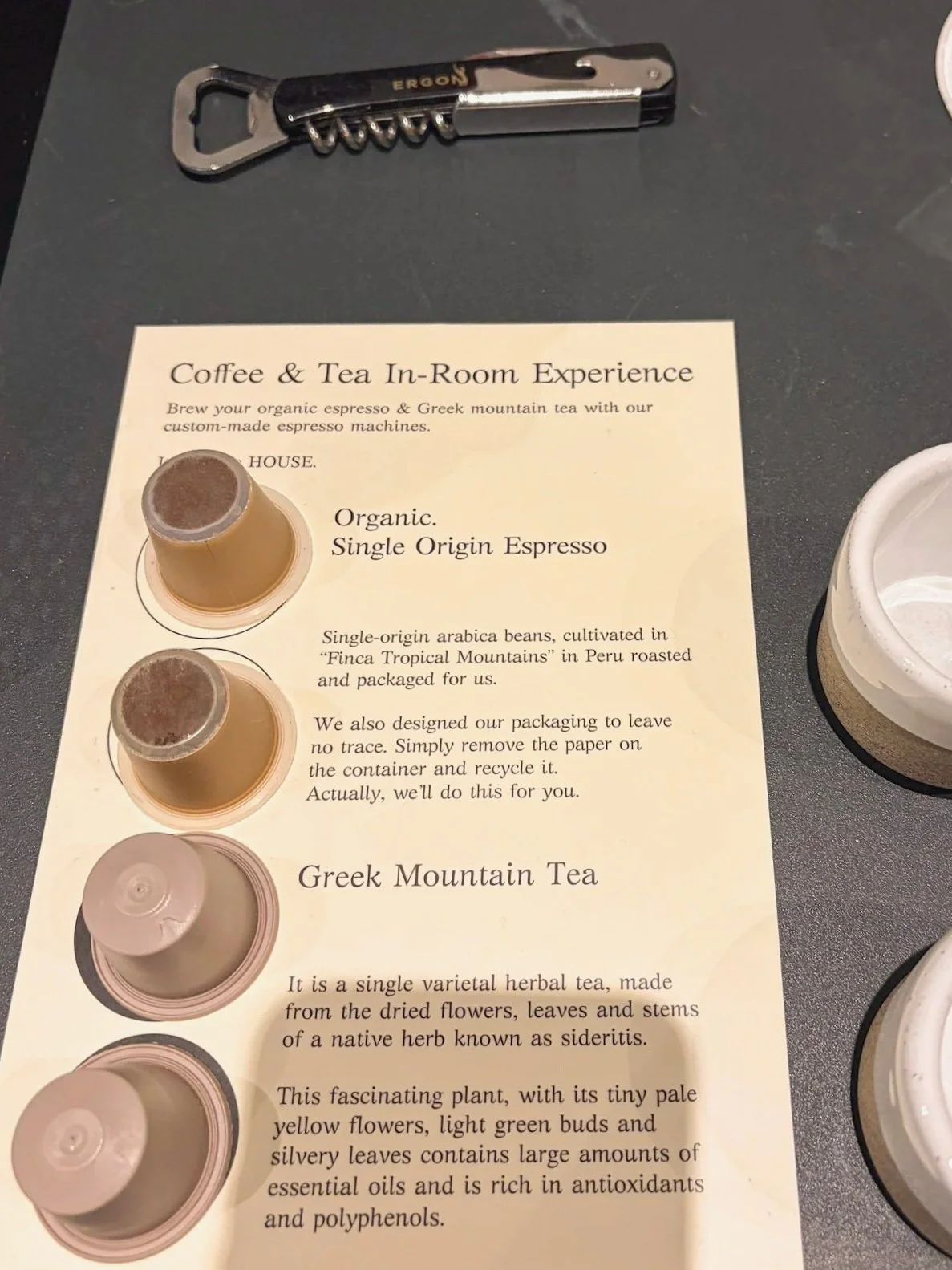 I love how they included thorough descriptions of the in-room coffee & tea. These pods were freshly filled, not Nespresso.