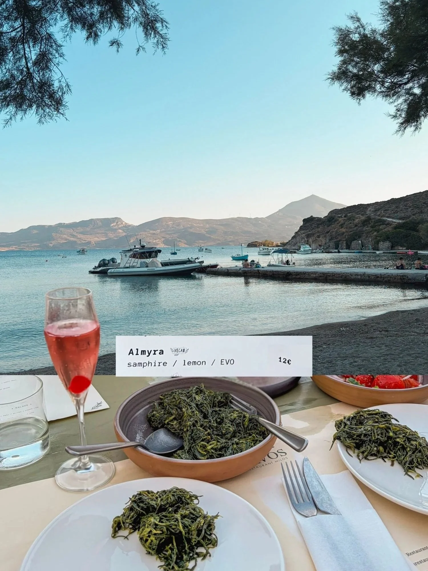 A big bowl of almyra: salty, tender sea greens flavored simply and priced affordably @ Cavos (best restaurant on Milos).