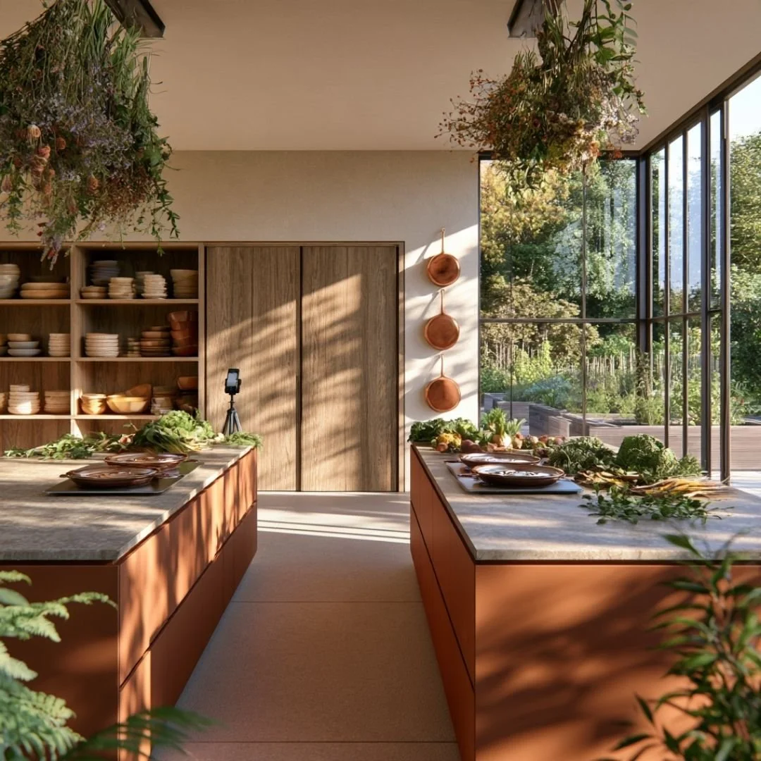 Concept render of the goldenco demo kitchen with two freestanding islands and garden outside