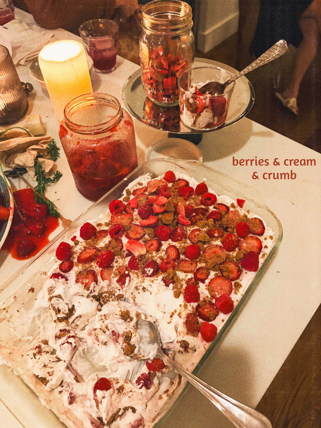 Coconut whipped cream with pecan cookies and berries 3 ways (fresh, macerated, dehydrated) 