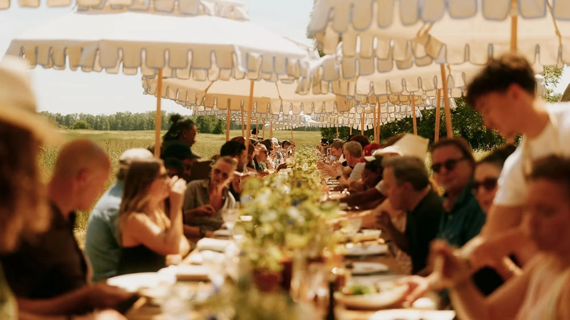 people eating outdoors under umbrellas new york farm