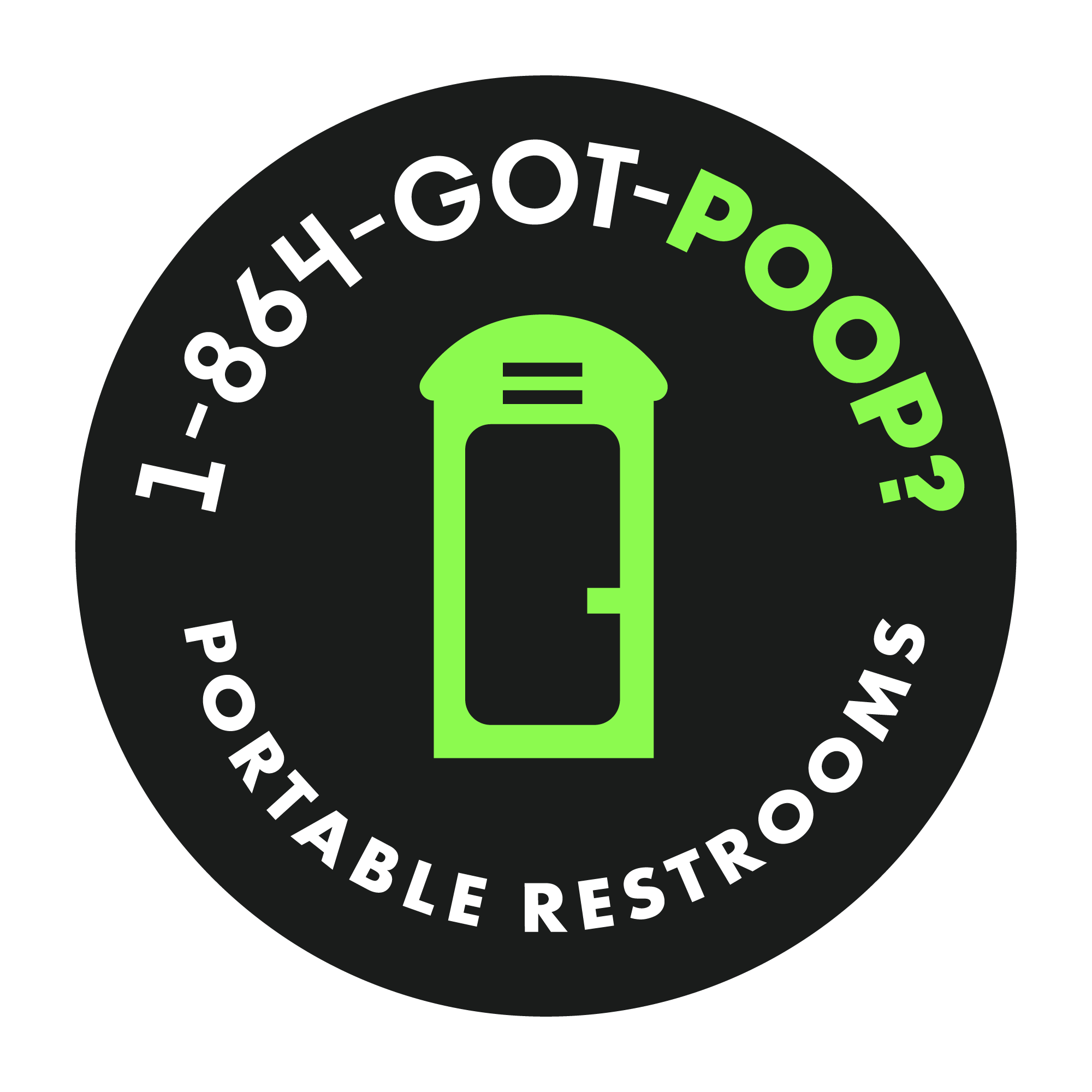 Circular logo with electric plug icon in green and white text reading 1-864-got-poop? on a black background.