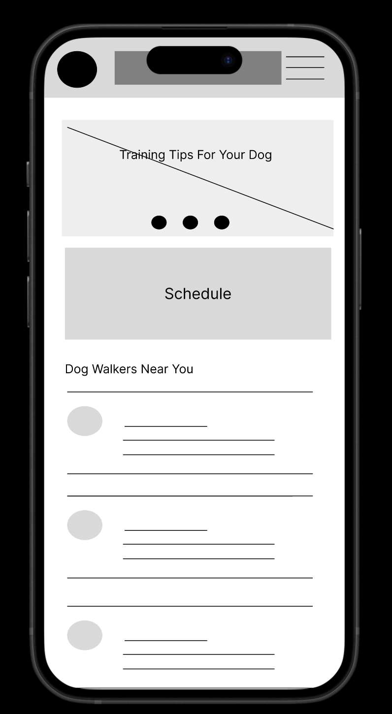 Home Page Wireframe for a Dog Walking App