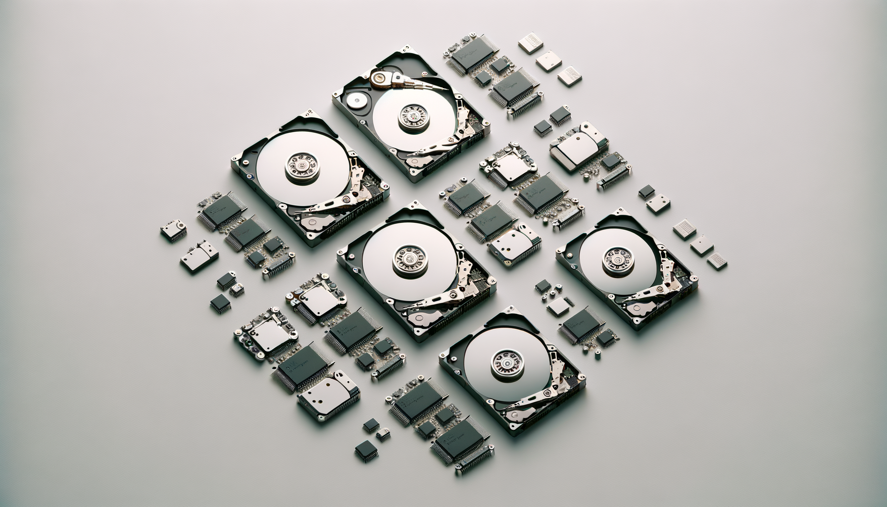 Multiple hard drives and electronic components arranged on a light gray surface.