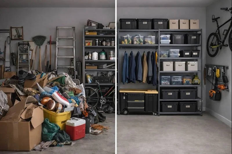 Comparison of two garage storage scenes: the left side is cluttered with scattered boxes, tools, sports equipment, and miscellaneous items; the right side is organized with shelves, labeled storage bins, and hanging tools.