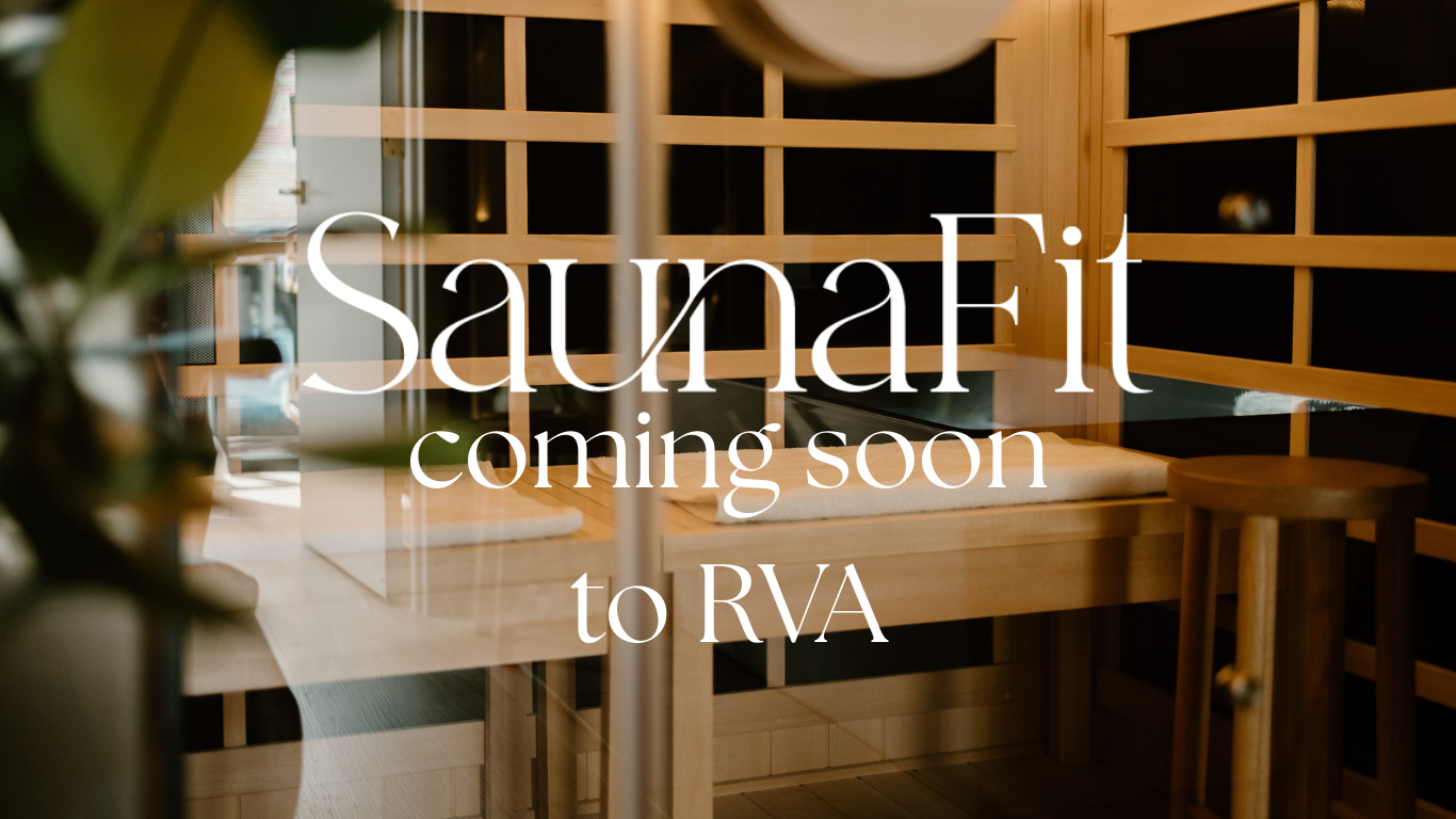 Interior of a sauna with wooden benches and walls, with a plant partially visible in the foreground.