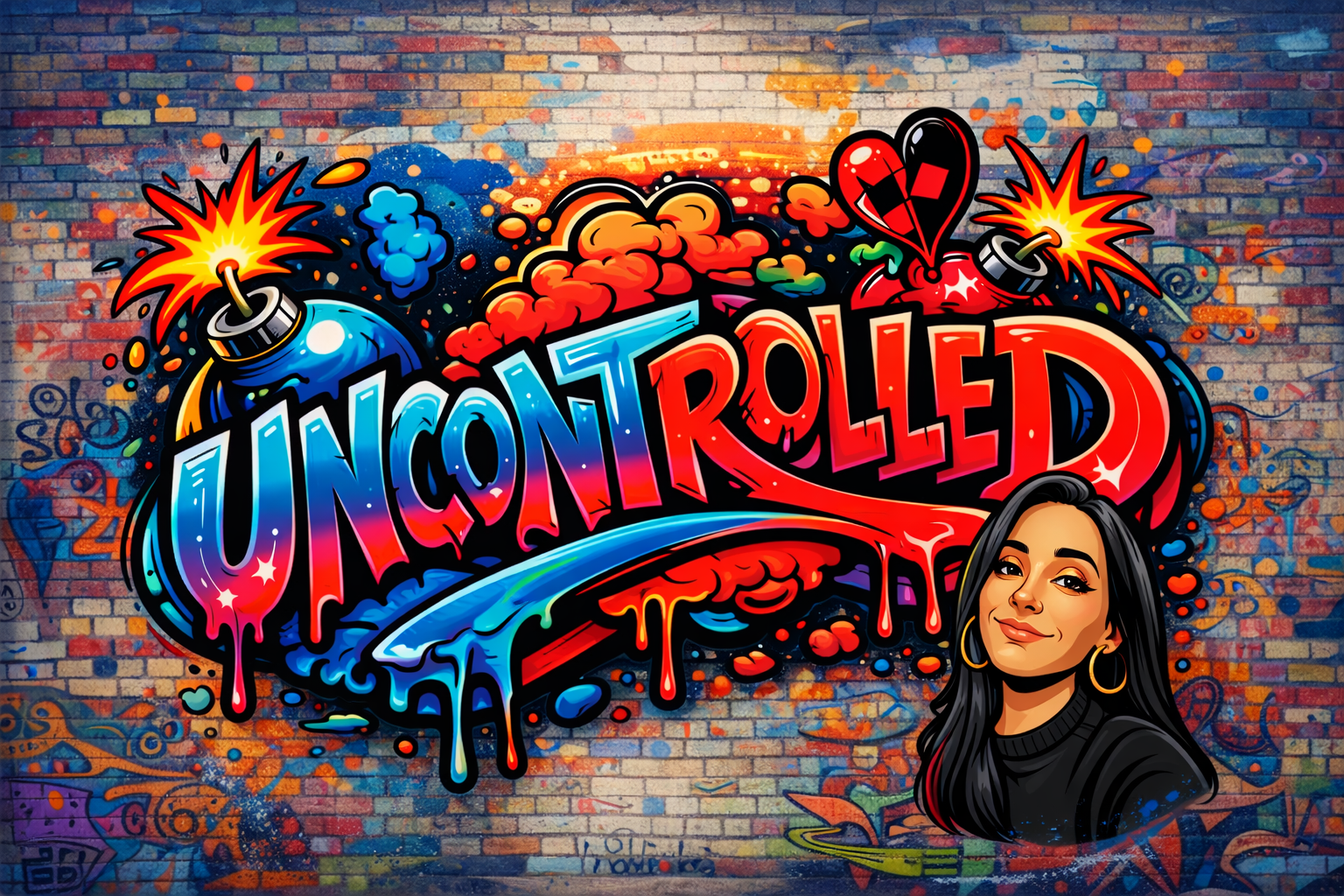 Graffiti coloré avec le texte 'Uncontrolled', dessin de bombes, explosion, nuages de poussière et portrait d'une femme avec les cheveux longs et des boucles d'oreilles, sur un mur en briques.