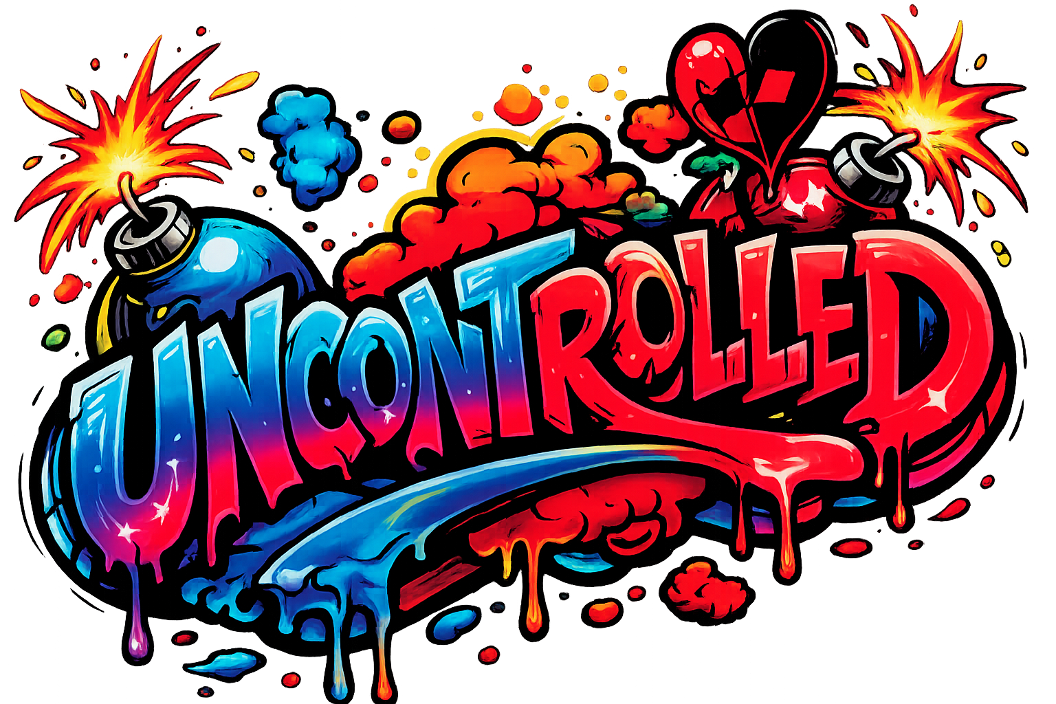 Une illustration colorée de graffitis avec le texte 'Uncontrolled' et des dessins de bombes de peinture, des explosions et des éclaboussures de peinture.