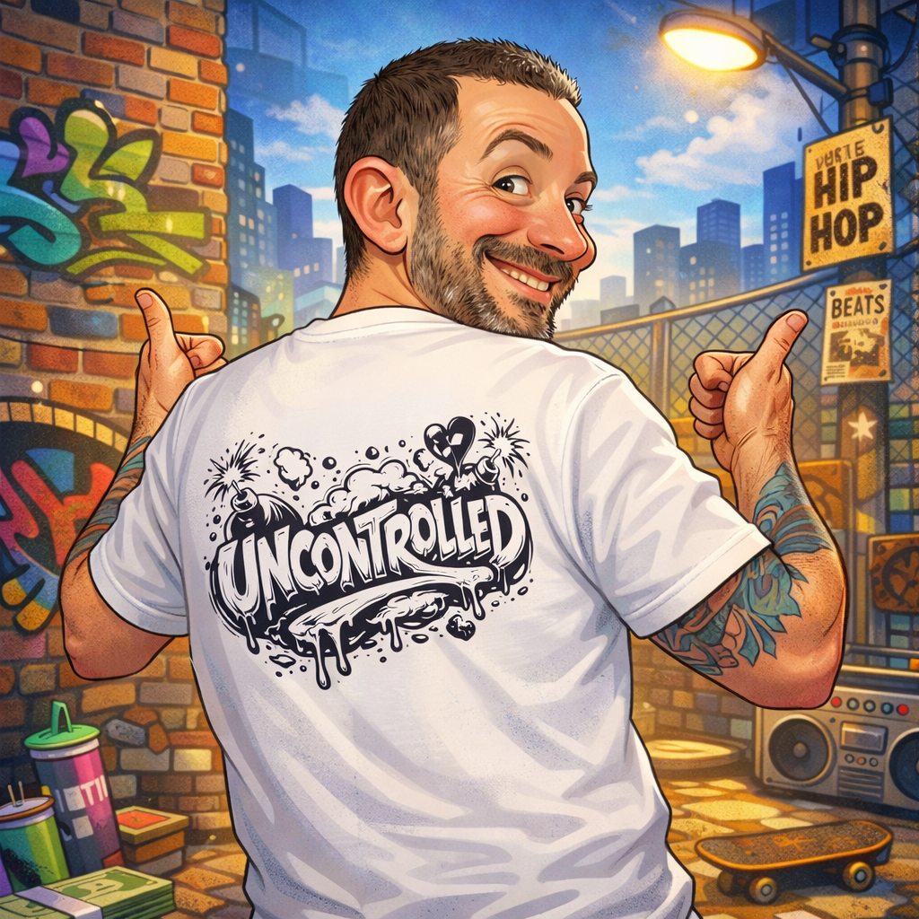 Un homme souriant, montrant son dos avec un t-shirt blanc portant le mot 'Uncontrolled' en style graffiti. Il se trouve dans une ambiance urbaine de nuit, avec des graffitis, des panneaux hip-hop, des équipements de son, une planche à roulettes et des lumières de rue.