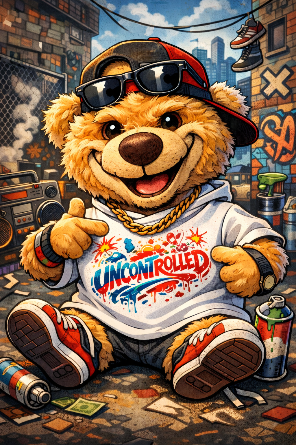 Un ours en costume de rappeur, portant une casquette à l'envers, des lunettes de soleil, un collier en or, une montre, un bracelet, un t-shirt avec le slogan "Uncontrolled", assis dans une ruelle urbaine avec graffitis, entouré de bombes de peinture et de chaussures suspendues.