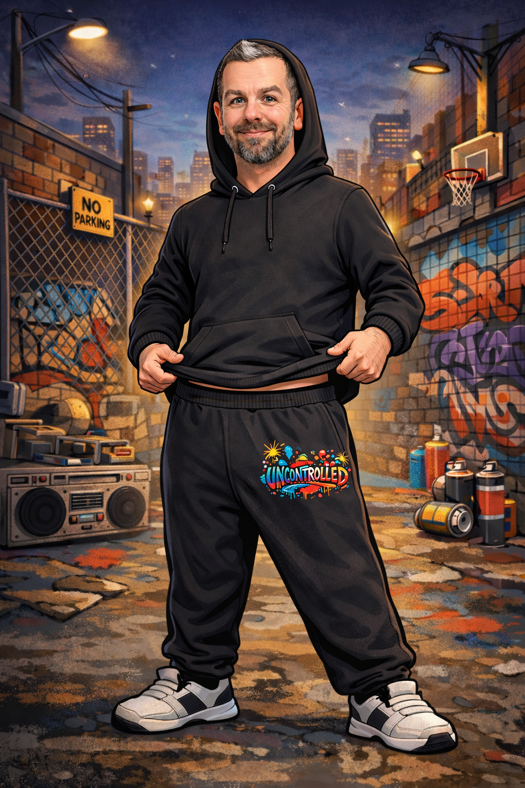 Un homme en tenue de sport avec une casquette, dans une cour urbaine avec des graffitis, des bidons de peinture, une enceinte audio et des paniers de basket, sous un ciel nocturne.