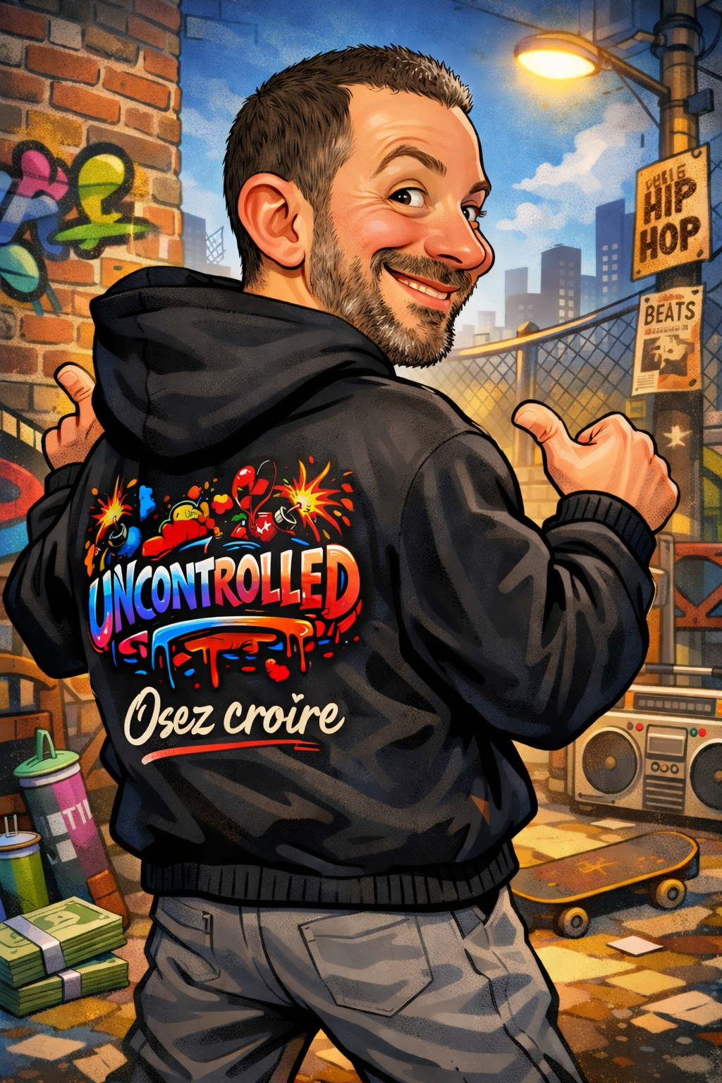 Un homme souriant portant un sweat à capuche noir avec le texte "Uncontrolled" et "Osez croire", dans une ambiance urbaine avec graffitis, un skateboard, une chaîne hi-fi et un panneau "Vibe Hip Hop".