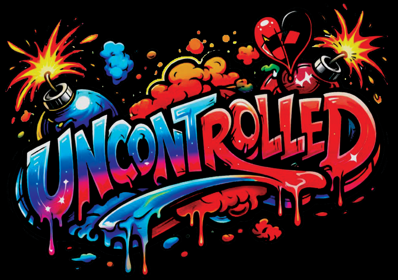 Illustration colorée et dynamique avec le texte 'Uncontrolled' en dégradé de bleu à violet, et 'Rolled' en dégradé de rouge à orange, entouré de bombes de peinture et d'explosions, style graffiti street art.