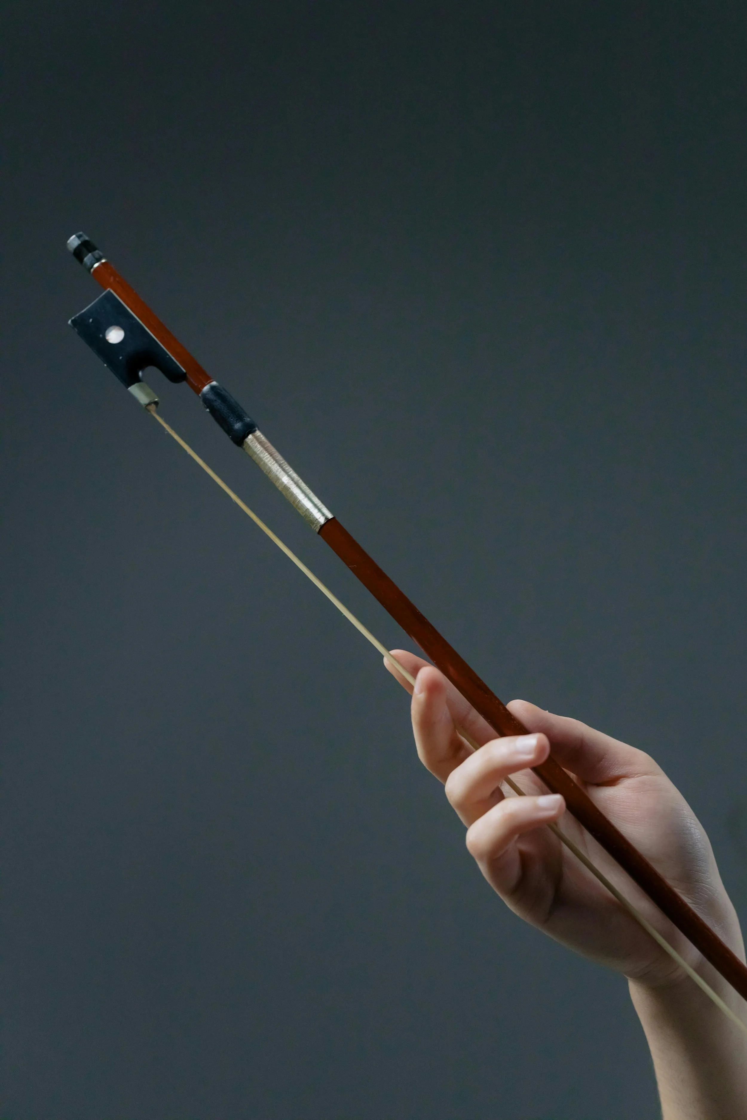 Person holding a violin bow against a dark background.
