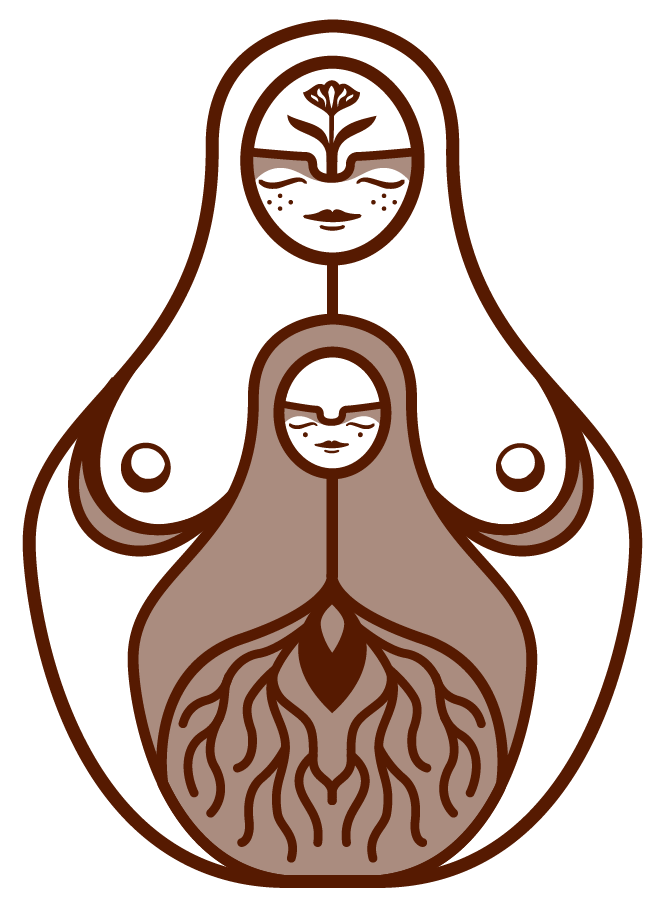 Stylized illustration of a woman and a baby, both with simplified faces and closed eyes, connected by a single line. The woman has long hair, and the baby is depicted with a small body and large head, symbolizing motherhood.