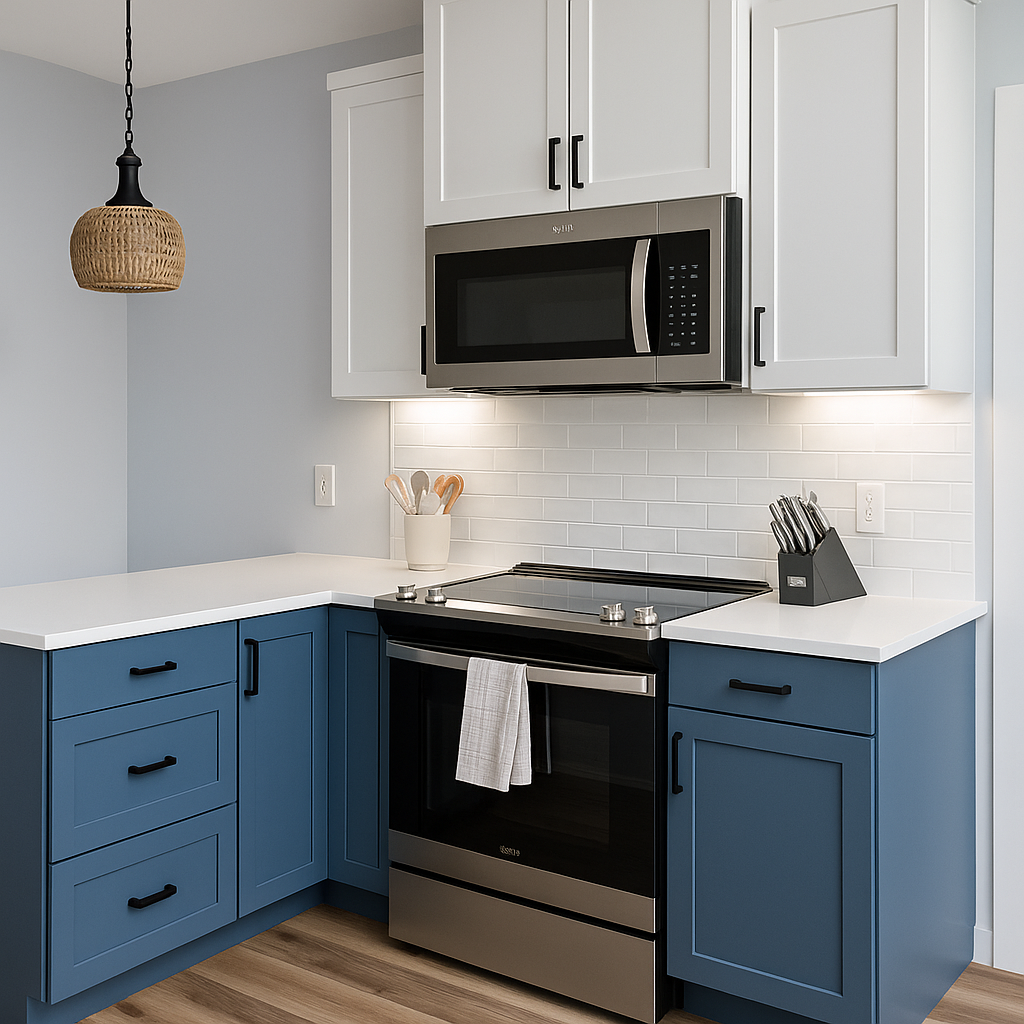 Modern kitchen with blue lower cabinets, white upper cabinets, stainless steel microwave, black oven, white countertop, wooden flooring, a hanging rattan lampshade, and kitchen utensils in a white cup and a black knife set.