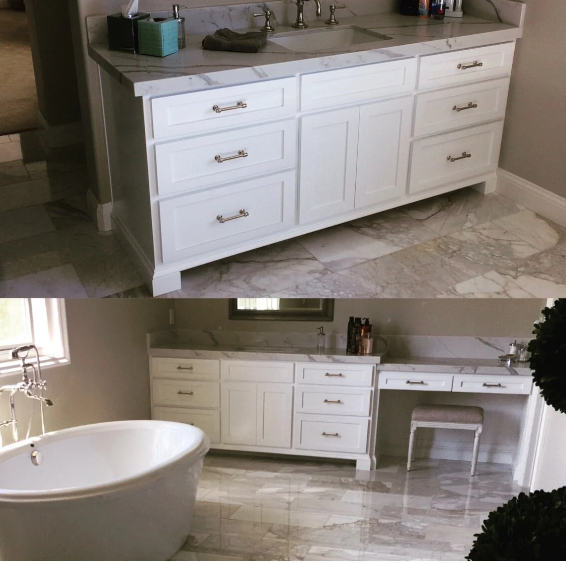 A bathroom with a modern vanity cabinet with a marble countertop, a mirror above, and a freestanding bathtub next to a window.
