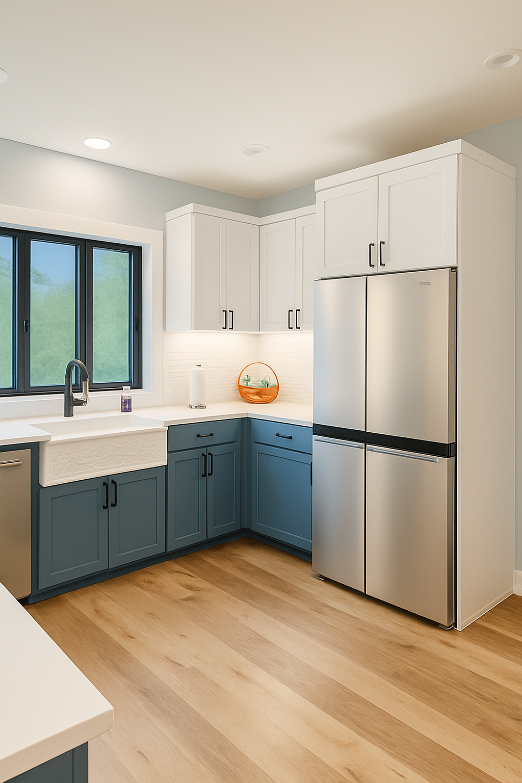 Modern kitchen with white upper cabinets, blue lower cabinets, a stainless steel refrigerator, a window above the sink, and light wood flooring.