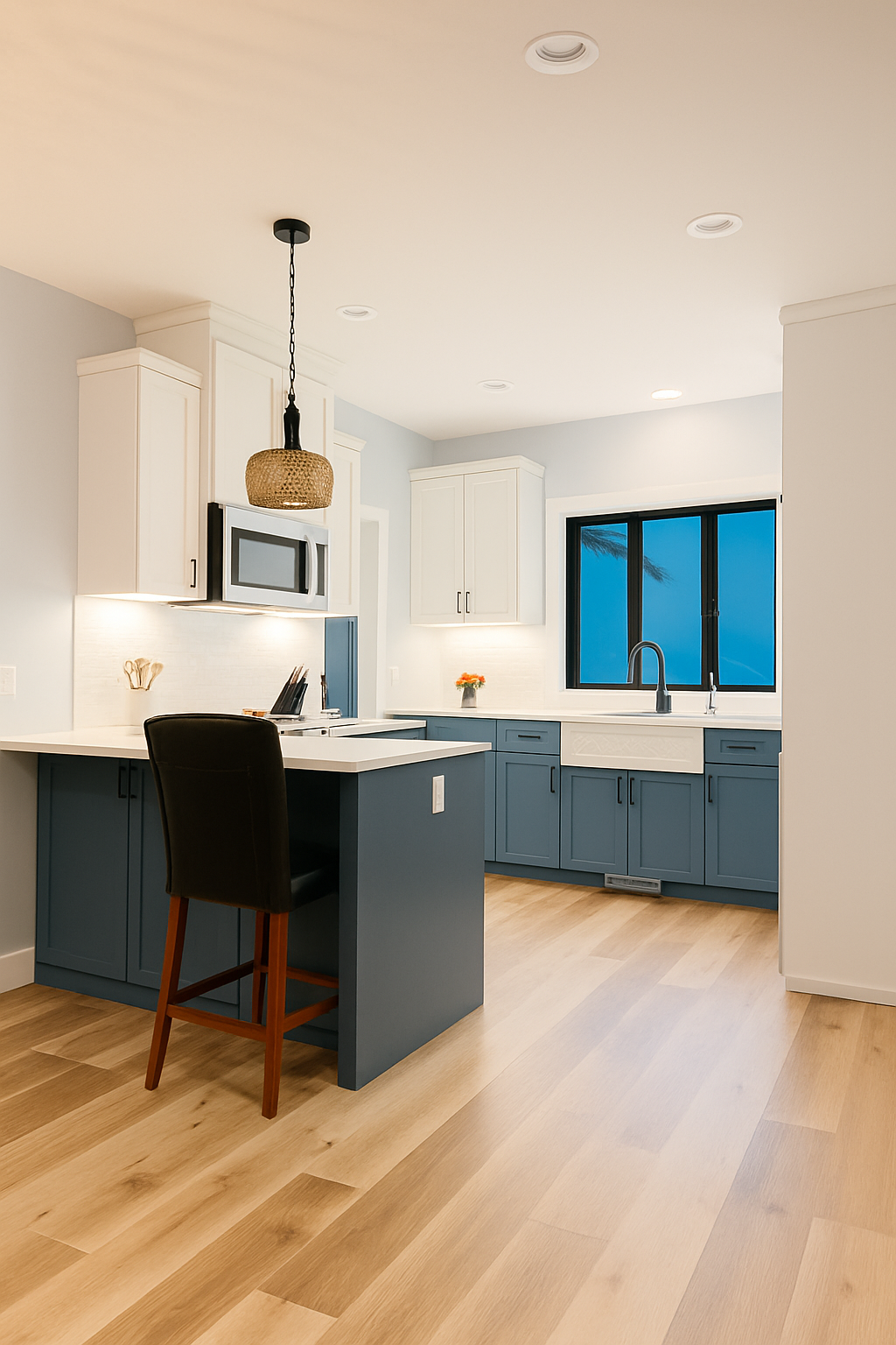 Modern kitchen with white and blue cabinets, a large window, a microwave, and a small island with a black chair.