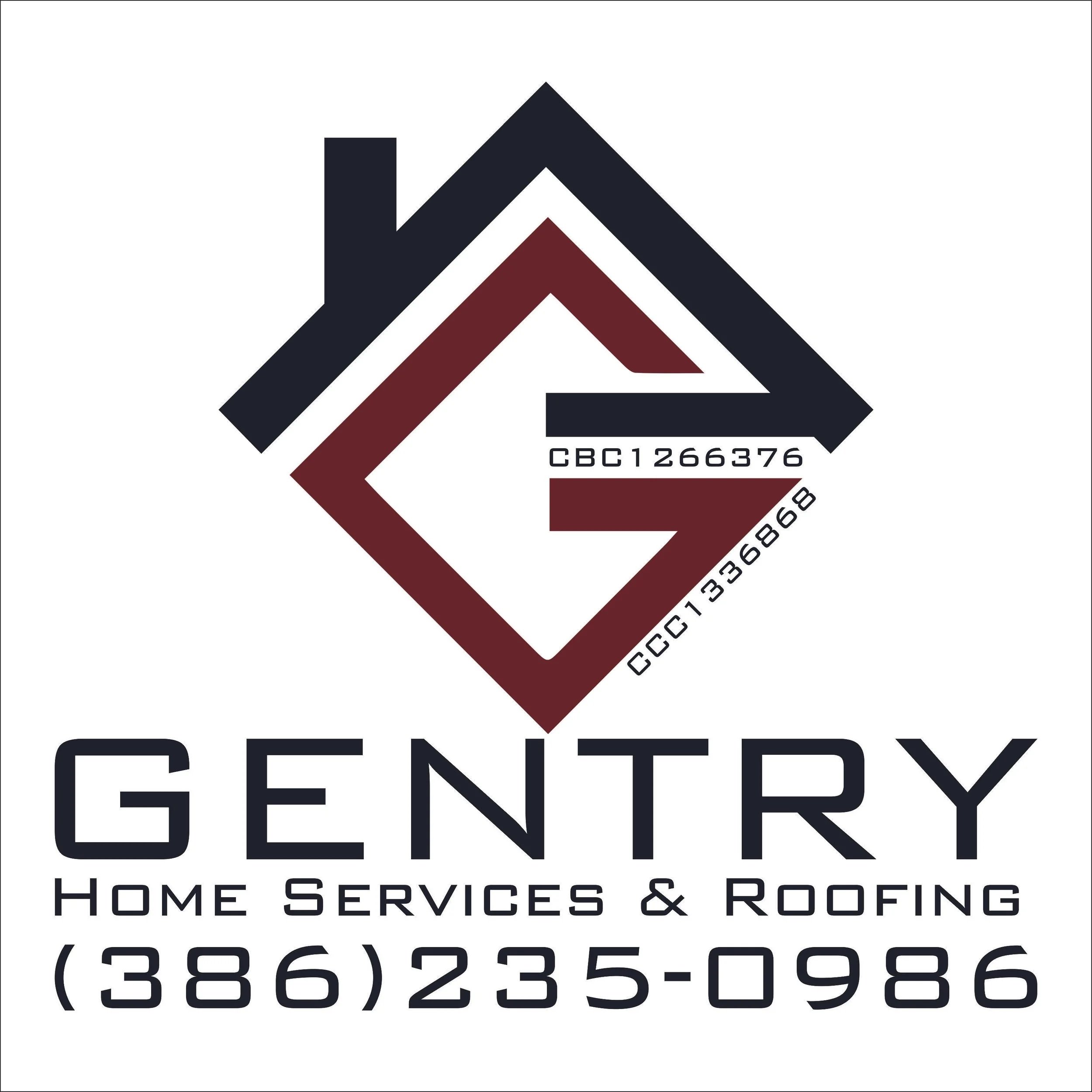 Gentry Home Services & Roofing business logo featuring a stylized roof outline with a geometric diamond shape and contact information.