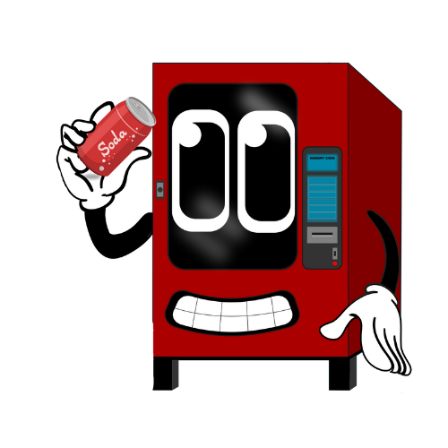 Animated vending machine character holding a can of soda, with a smiling face and arms.