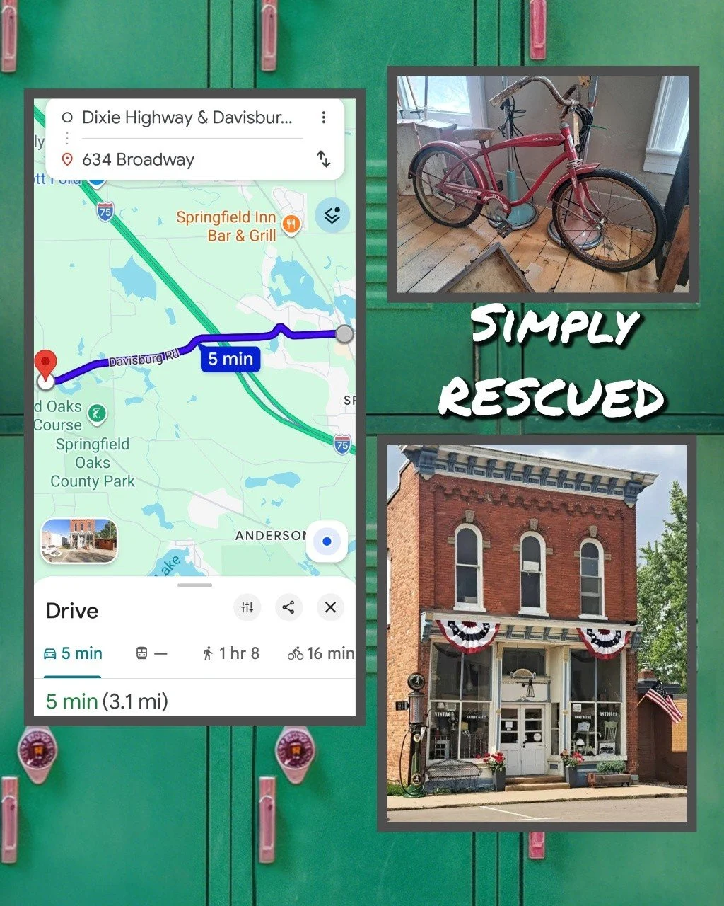 Simply Rescued, 634 Broadway, Davisburg open Thurs-Sun 11-5 

That's us! Just 3.1 miles from Dixie Highway at Davisburg road. 
Less than five minutes drive - or about 15 if you're biking.