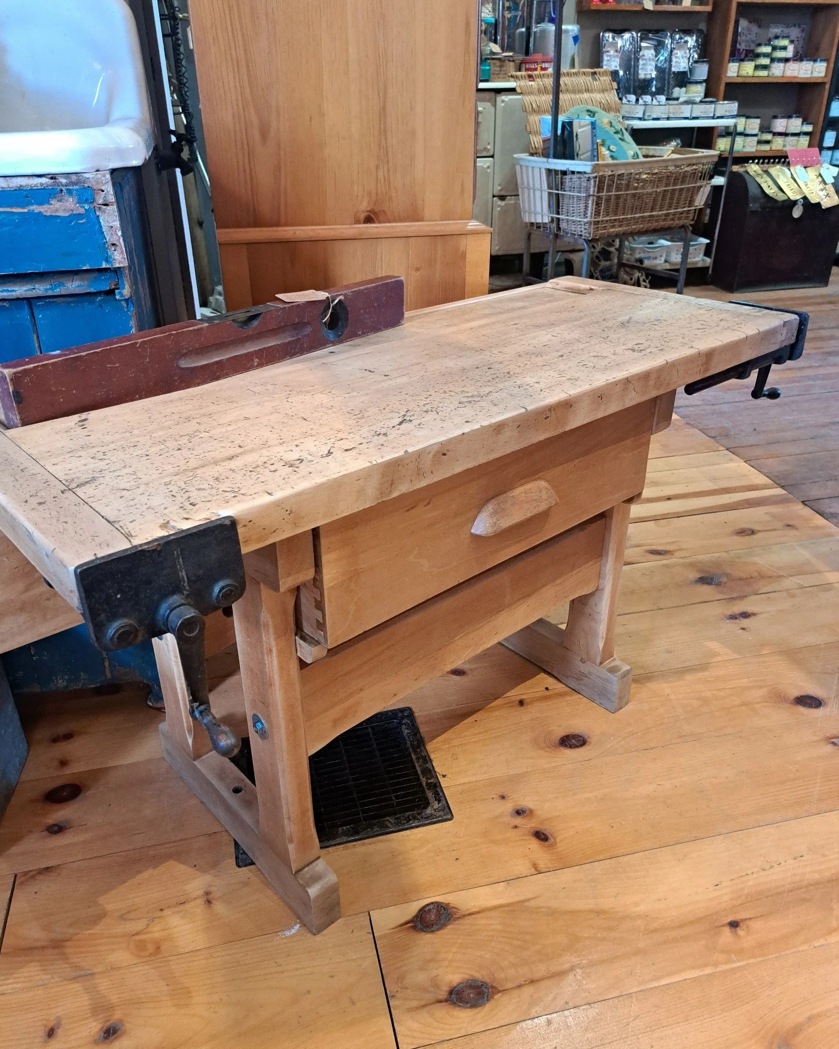 Simply Rescued, 634 Broadway, Davisburg open Thurs-Sun 11-5 

Some 75 years ago, a young craftsman would have been overjoyed when gifted this solld maple  joiner's workbench with not one but two vices attached. Working alongside dad or grandad was a 