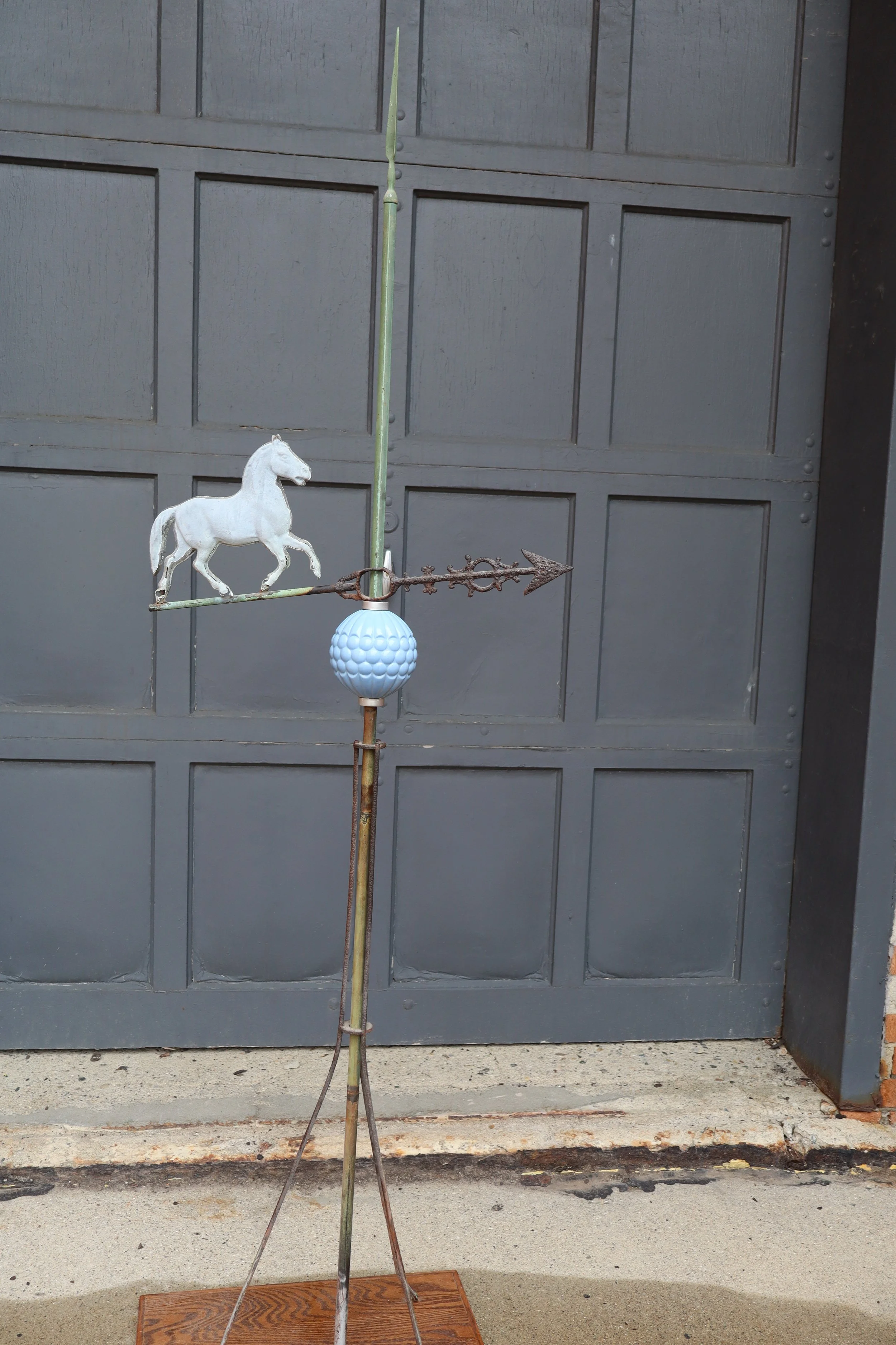 Antique Lightning rod and Horse Weather Vane with Grape blue dot Glass ball