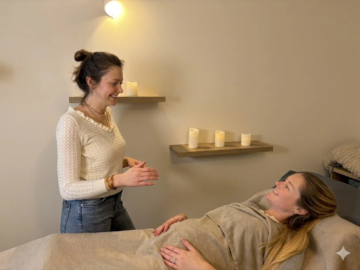 Une femme allongée dans un lit de spa ou de massage, souriant et regardant une autre femme qui se tient à côté d'elle, dans une atmosphère relaxante avec des bougies et un éclairage doux.