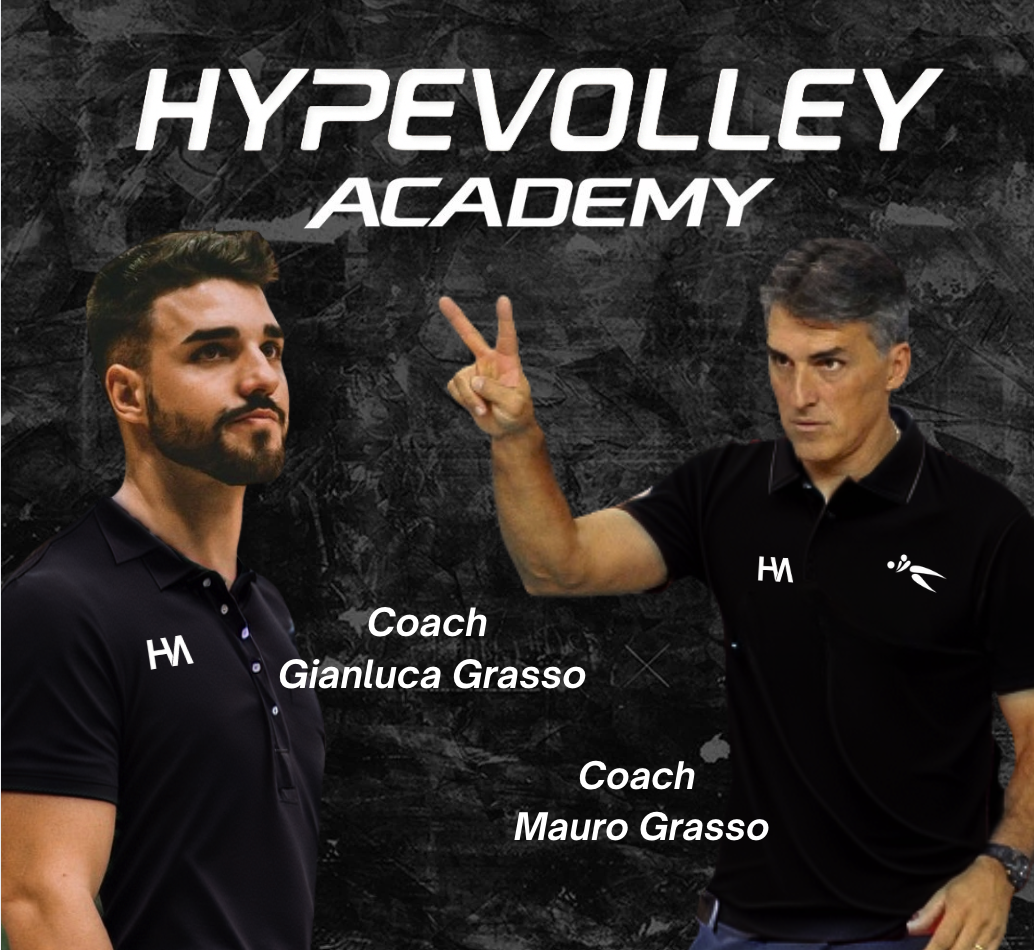 Two men in black shirts with 'H' logos on it, titled as coaches Gianluca Grasso and Mauro Grasso, standing against a black textured background, with the text 'HYPE VOLLEY ACADEMY' at the top, and one coach making a peace sign gesture.