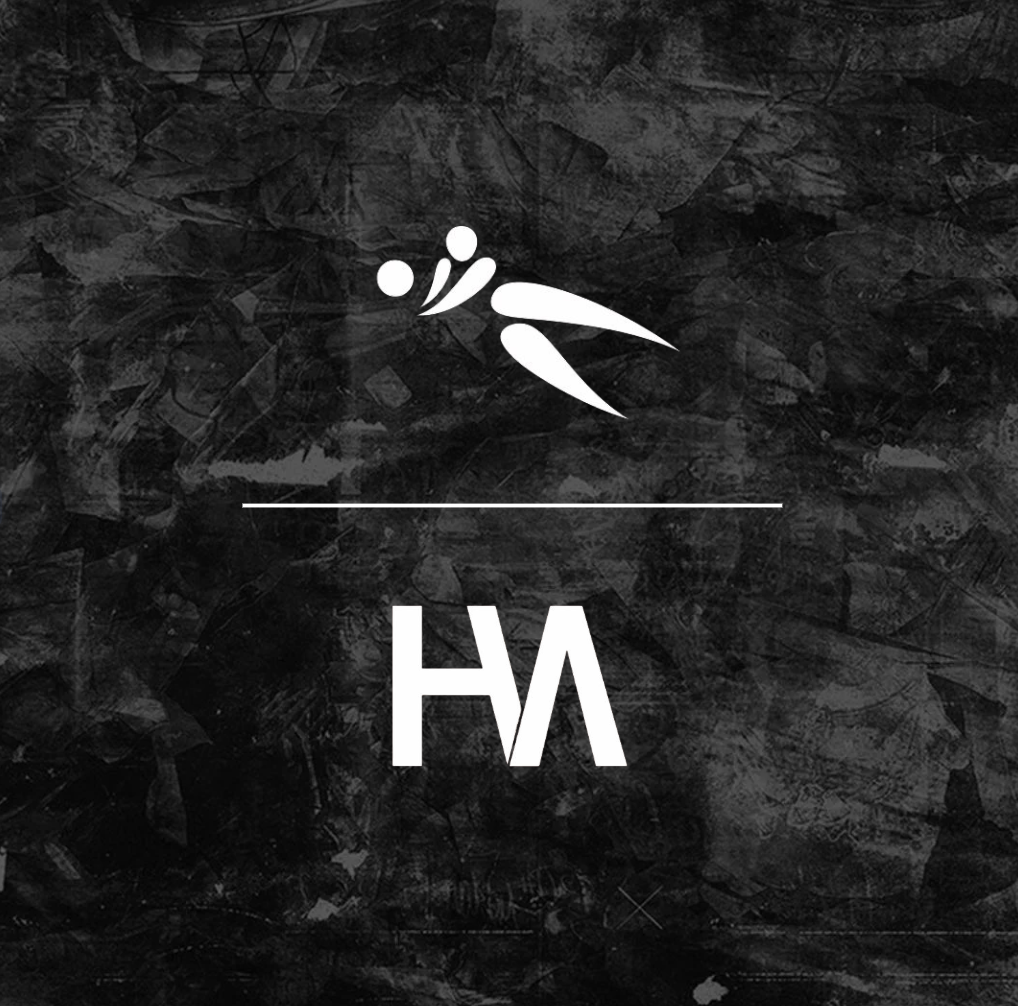 Black background with a white abstract symbol resembling a stylized person and the letters 'HA' below it.