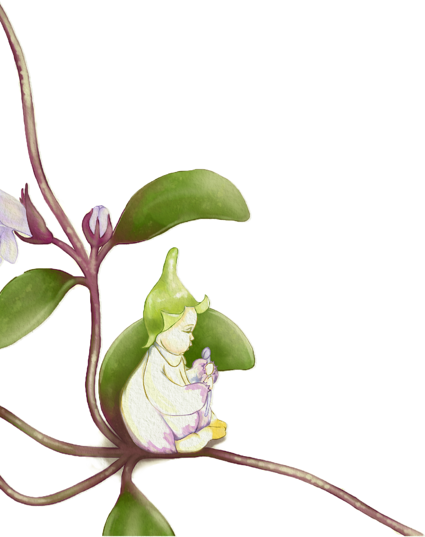 Illustration of a small child sitting on a leaf, holding a flower, surrounded by large leaves and plant stems with a light green background.
