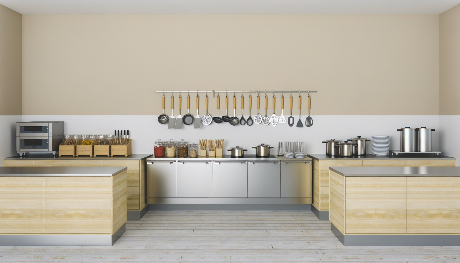 A well-organized kitchen with hanging utensils, jars, pots, plates, and countertop appliances.