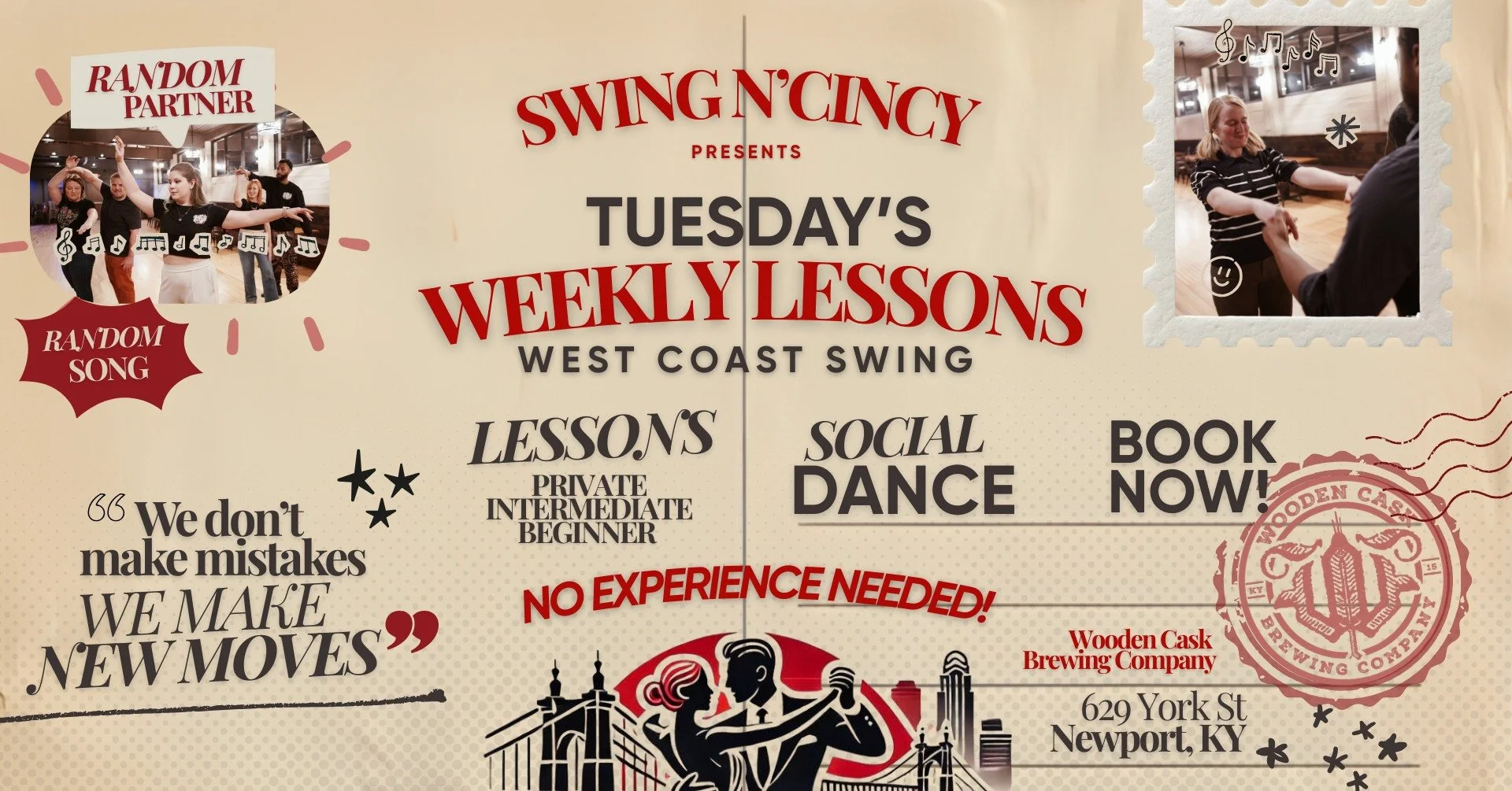 Event poster for Swing N' Cincy advertising Tuesday's weekly dance lessons in West Coast Swing at Wooden Cask Brewing Company, Newport, KY, with images of dancing couples and musical notes, and text emphasizing no experience needed.