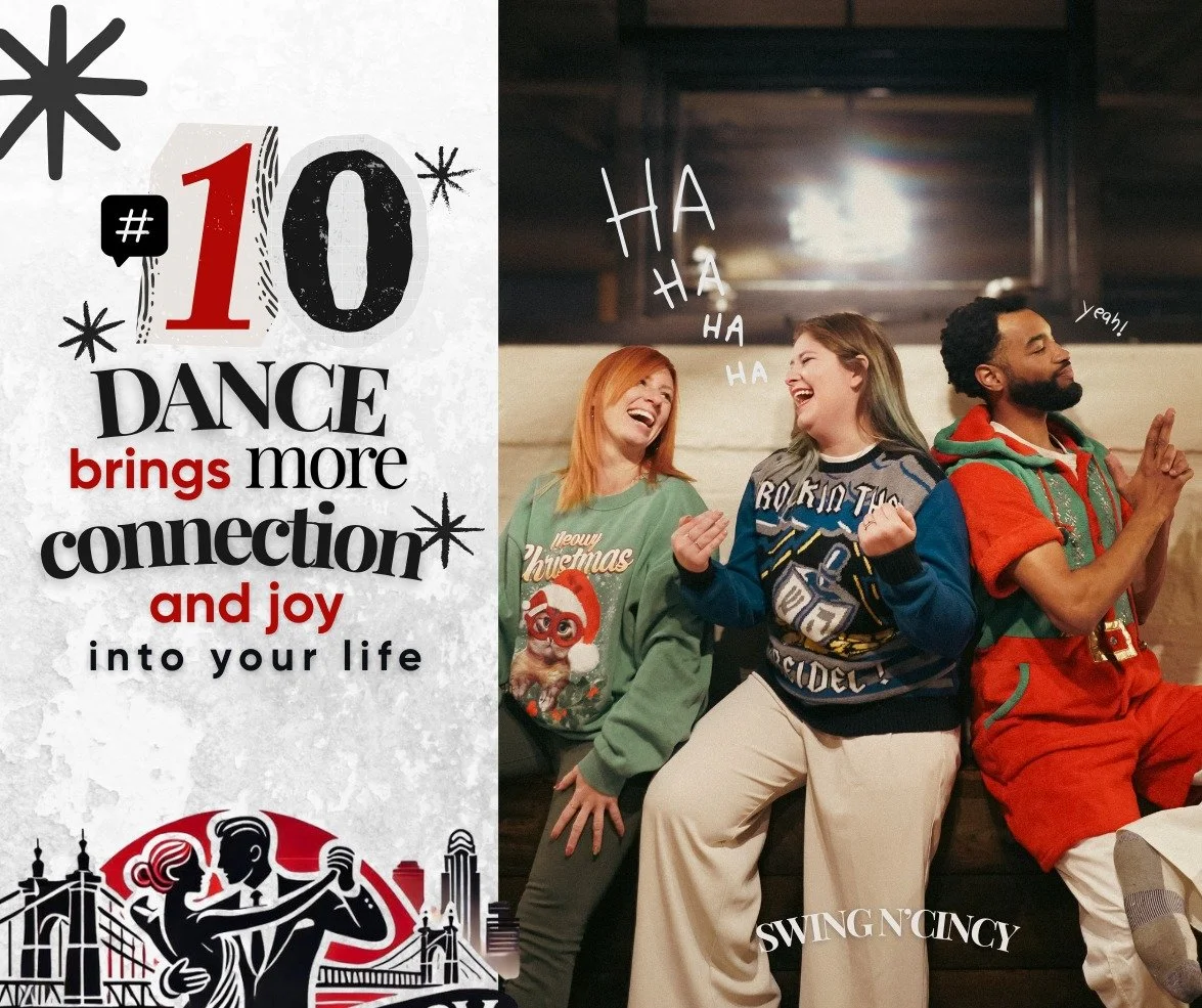 Three friends laughing and dancing together, wearing festive Christmas sweaters, in a cozy indoor setting