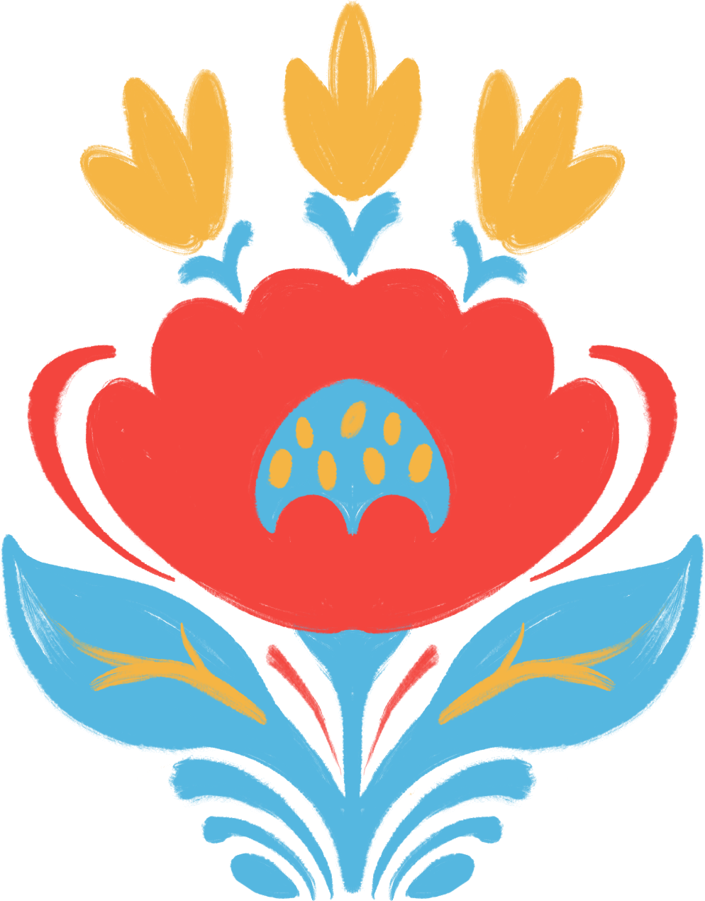 A colorful illustration of a red flower with blue and yellow accents, green leaves, and yellow petals at the top.