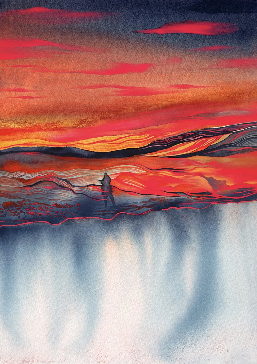 Watercolor painting of a sunset landscape with a colorful sky, distant mountains, and a figure standing near the water's edge.