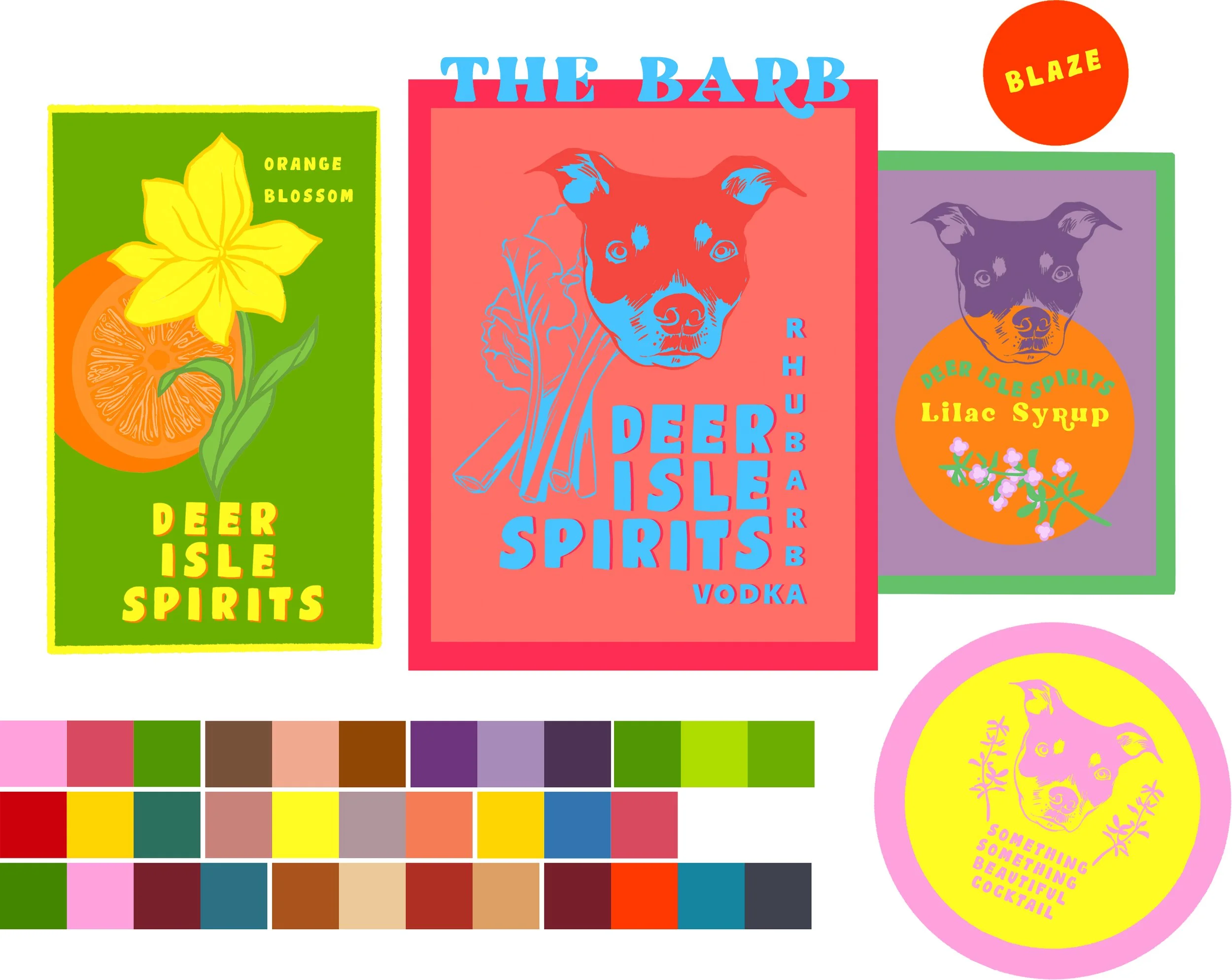Colorful graphic designs featuring dog illustrations and beverage labels. The designs include text such as 'Deer Isle Spirits,' 'The Barb,' 'Orange Blossom,' 'Lilac Syrup,' and phrases like 'Something Beautiful Cocktail' with various background colors and decorative elements.