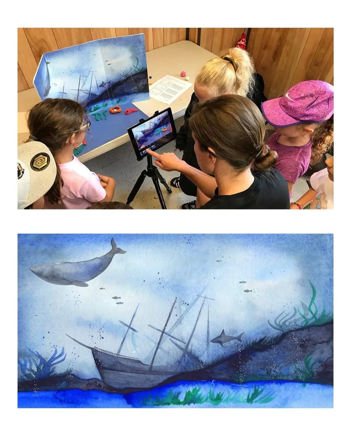 Children watching a video or presentation about a shipwreck underwater scene with whales, fish, seaweed, and a sinking ship.