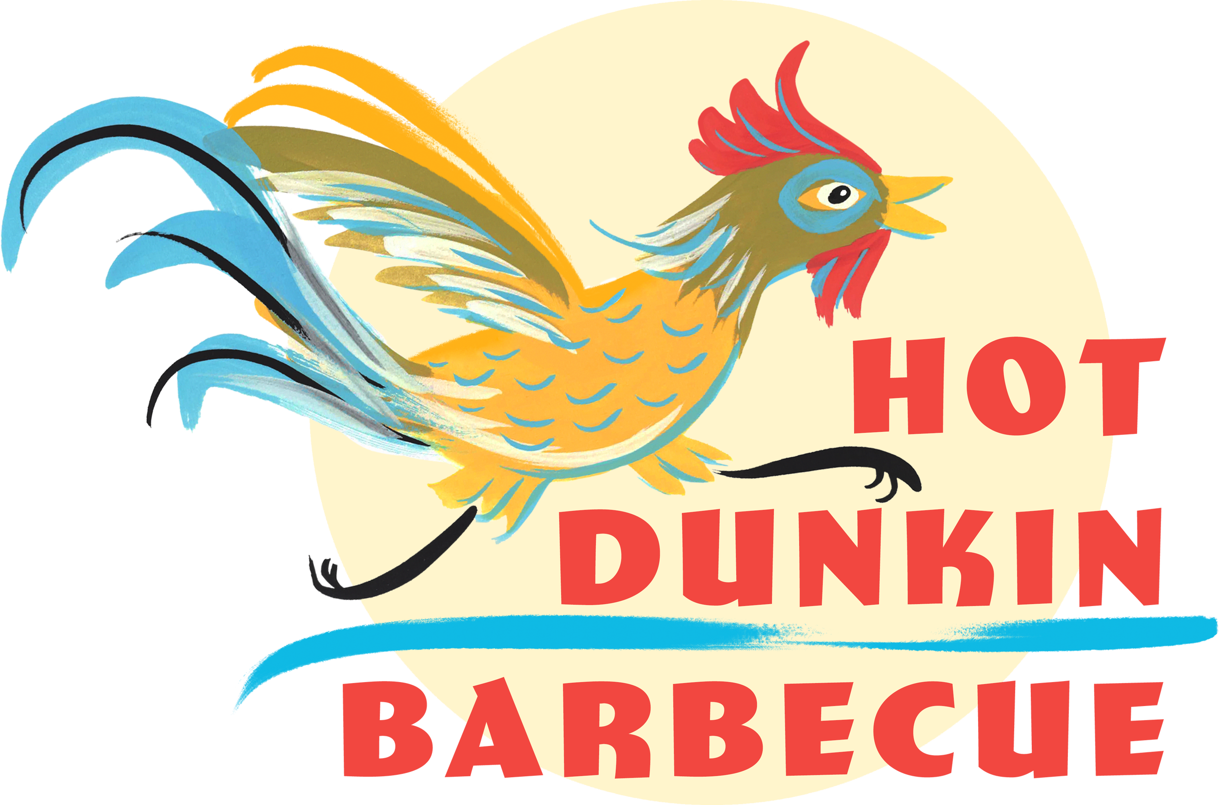 A colorful vintage-style sign for Dunkin' featuring a stylized rooster and the words "HOT" and "DUNKIN'" in bold red letters.