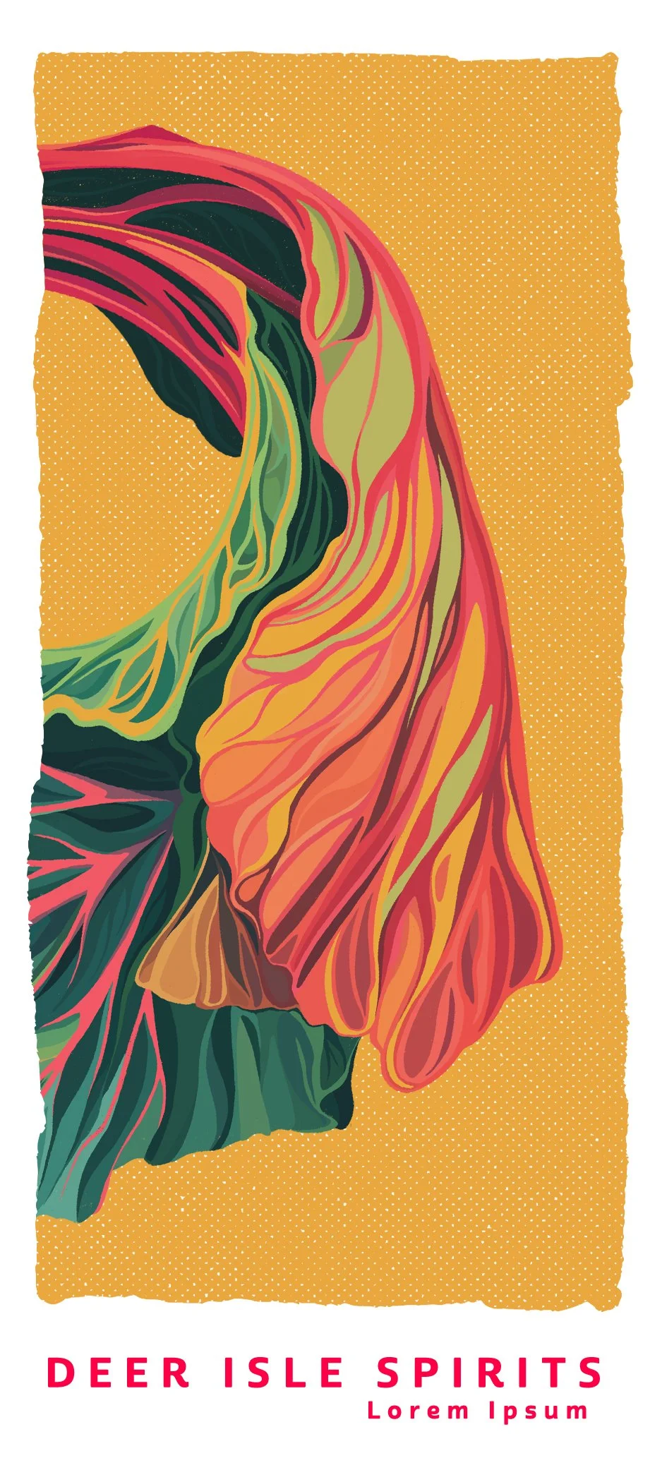 An abstract, colorful illustration of a leaf with red, orange, yellow, green, and pink tones on a yellow dotted background with the text 'Deer Isle Spirits' and 'Lorem Ipsum' in pink at the bottom.