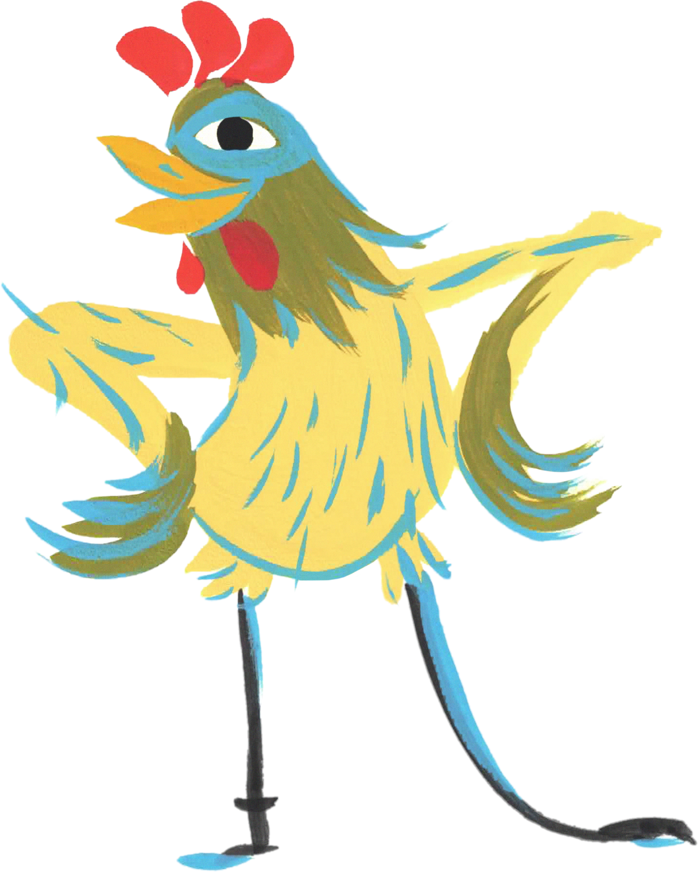 A colorful, artistic depiction of a rooster with a lion's body, featuring a prominent eye, red comb, and yellow feathers, standing on one leg.