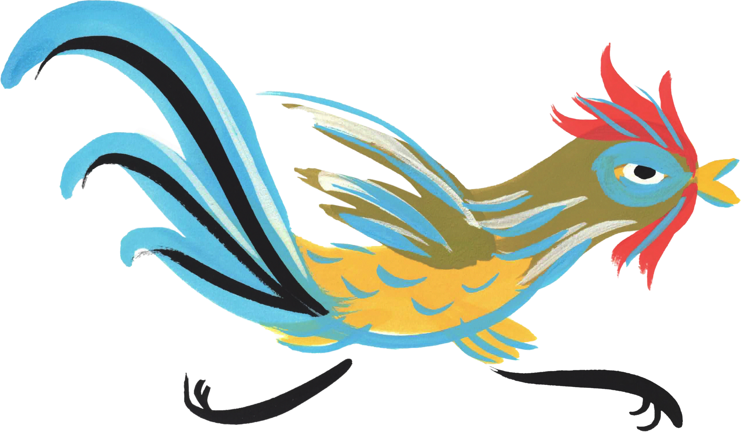 Colorful illustration of a bird with blue, yellow, red, and green feathers, with a long tail and a vivid red crest on its head.