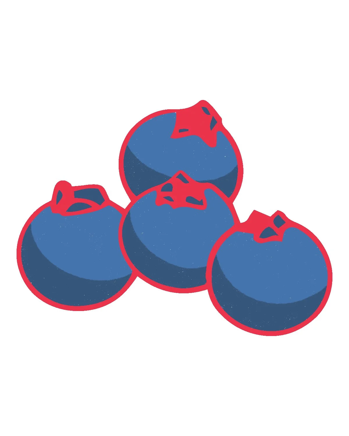 Illustration of four blueberries with red outlines on a white background.