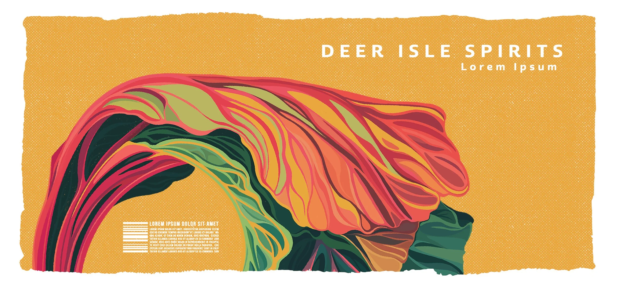 Bright orange poster featuring a stylized, colorful illustration of a deer island spirit with pink, green, yellow, and black hues. Text includes 'DEER ISLE SPIRITS' at the top right and placeholder text beneath.