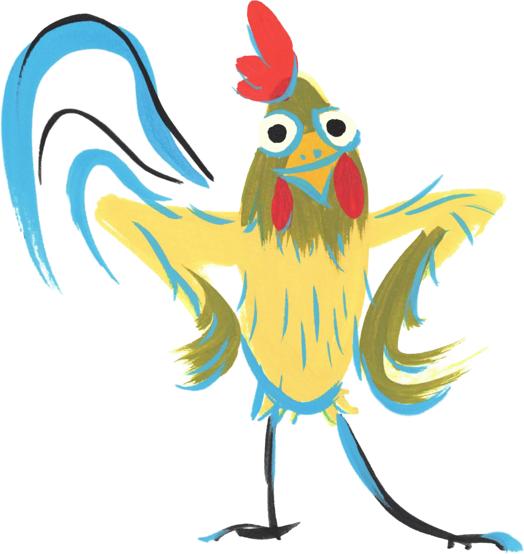 Cartoon illustration of a rooster with a hockey stick, featuring exaggerated eyes and colorful feathers.