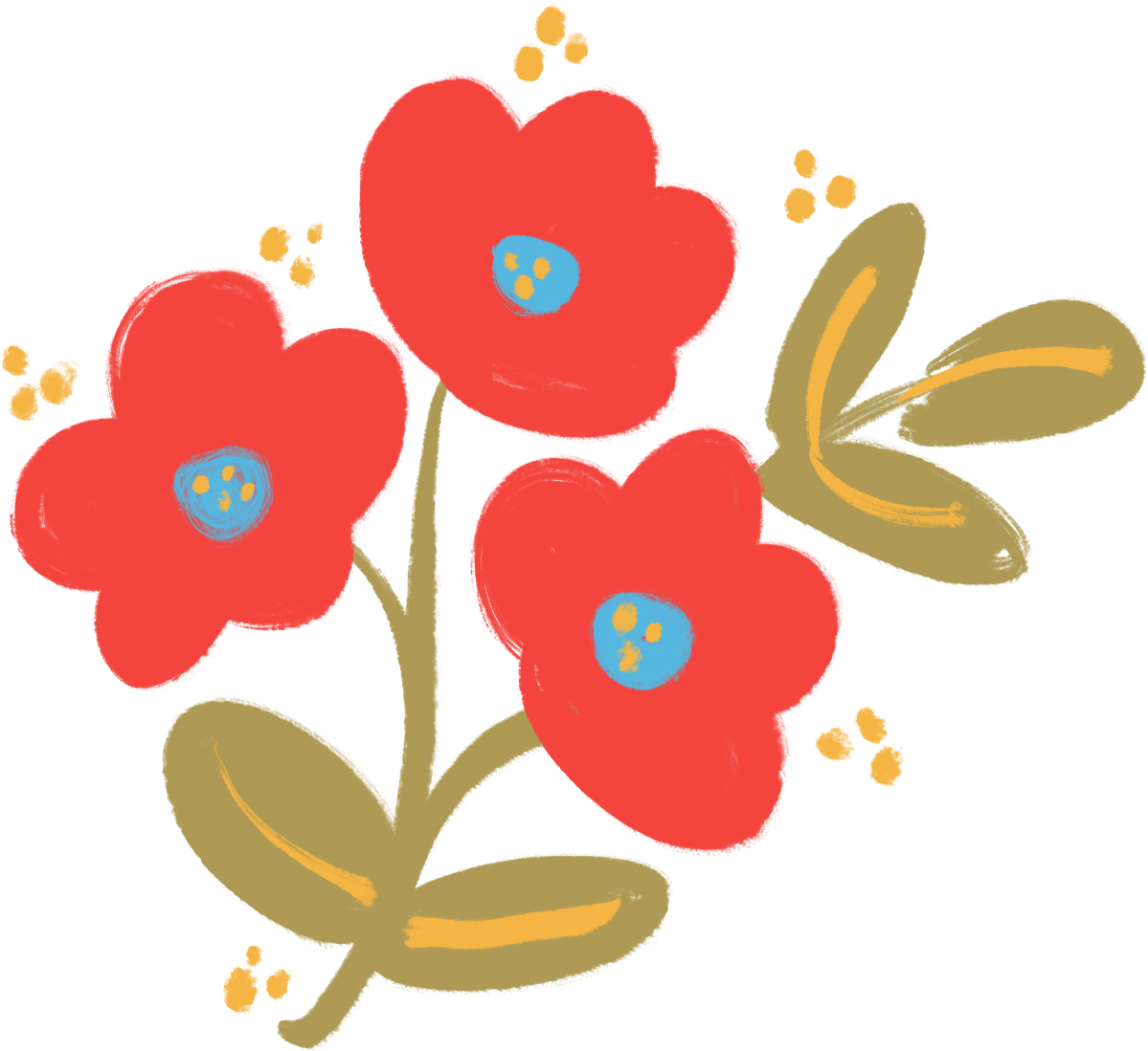 Illustration of three red poppy flowers with blue centers and yellow stamens, accompanied by one beige and yellow leaf.