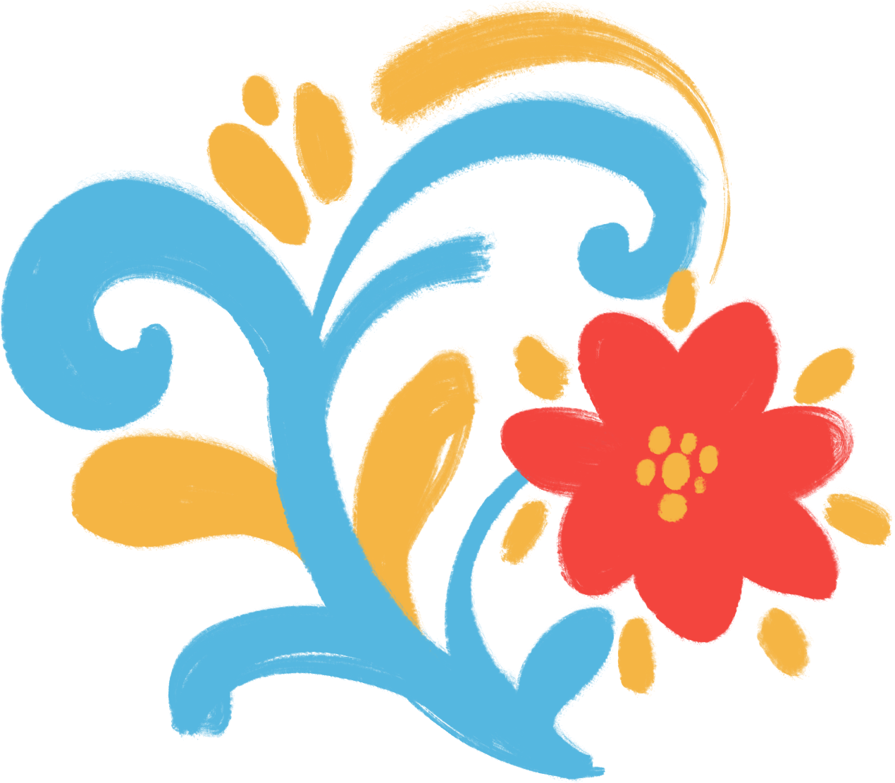 Colorful floral illustration with a red flower, yellow and orange leaves, and blue swirling background.