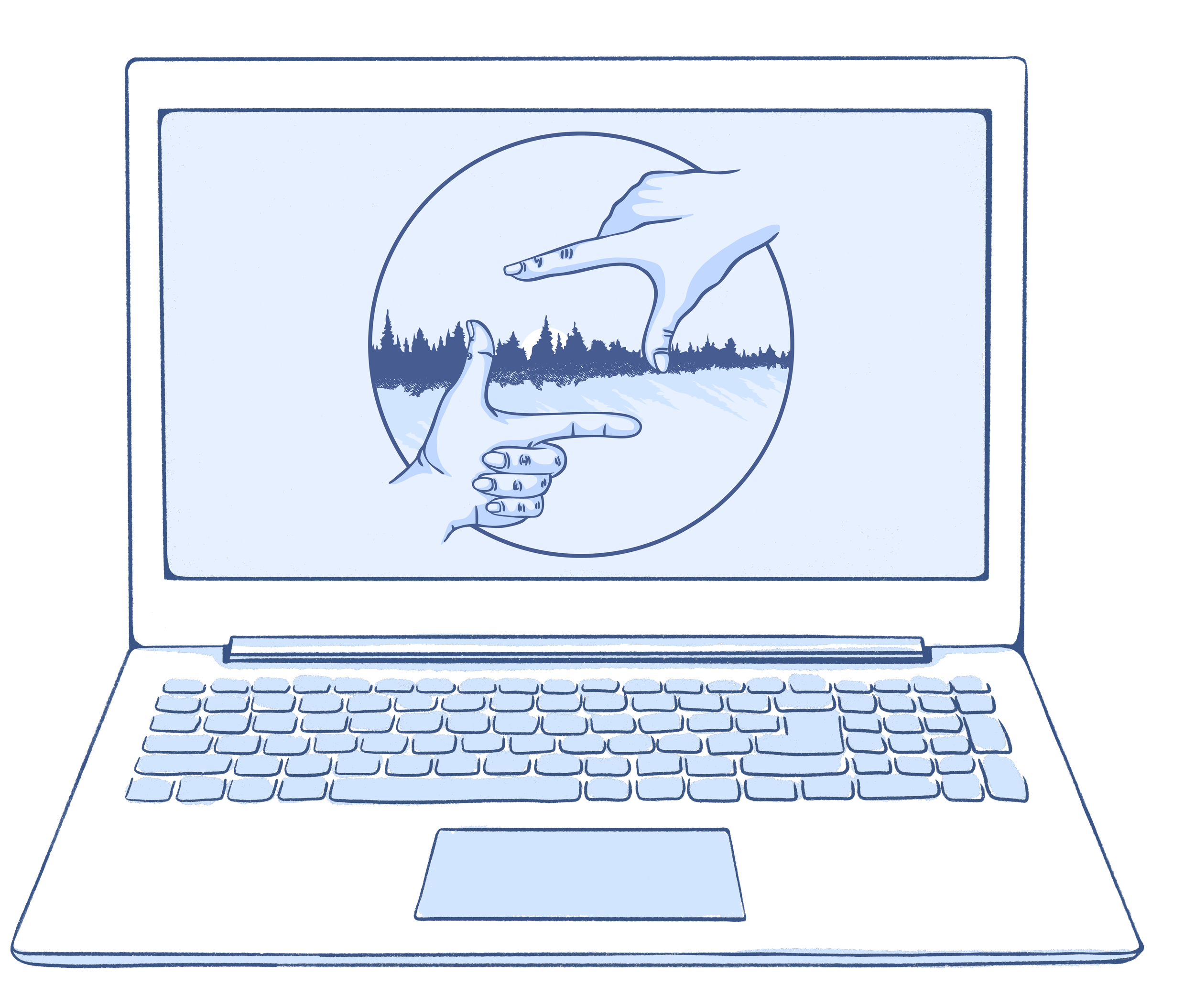 A laptop computer with a drawing on the screen showing two hands framing a view of a forest landscape.